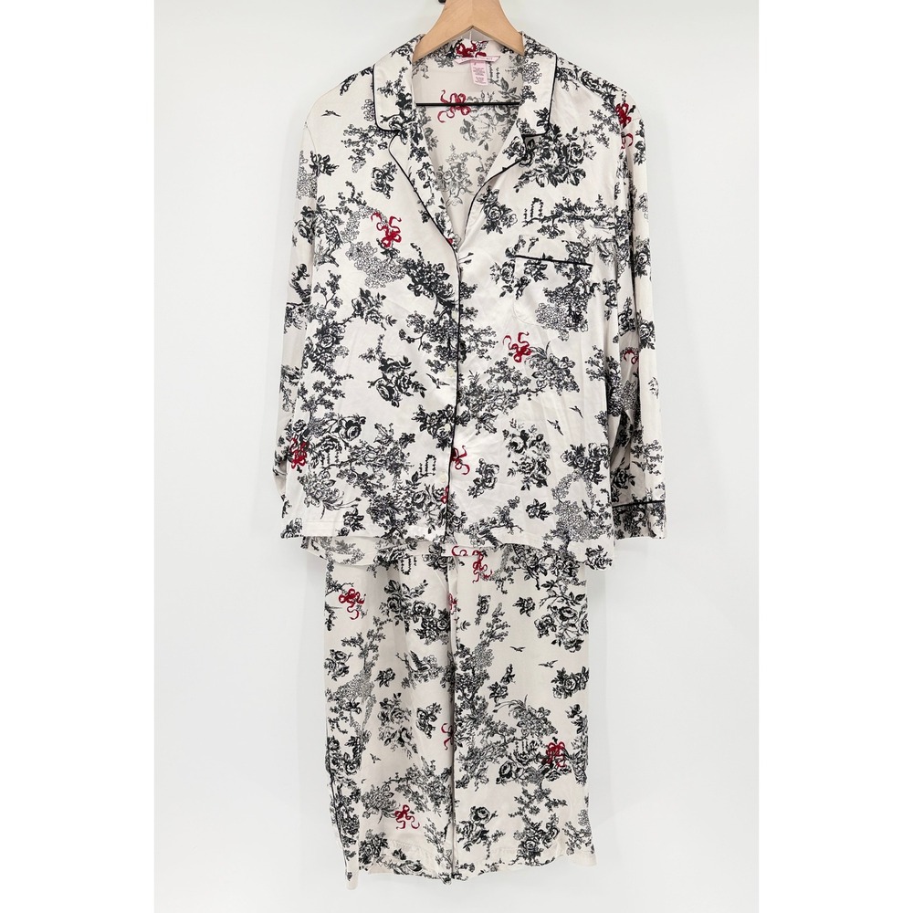 Victoria Secret Signature Satin Pajama Set Womens XL Floral Toile Bows Coquette